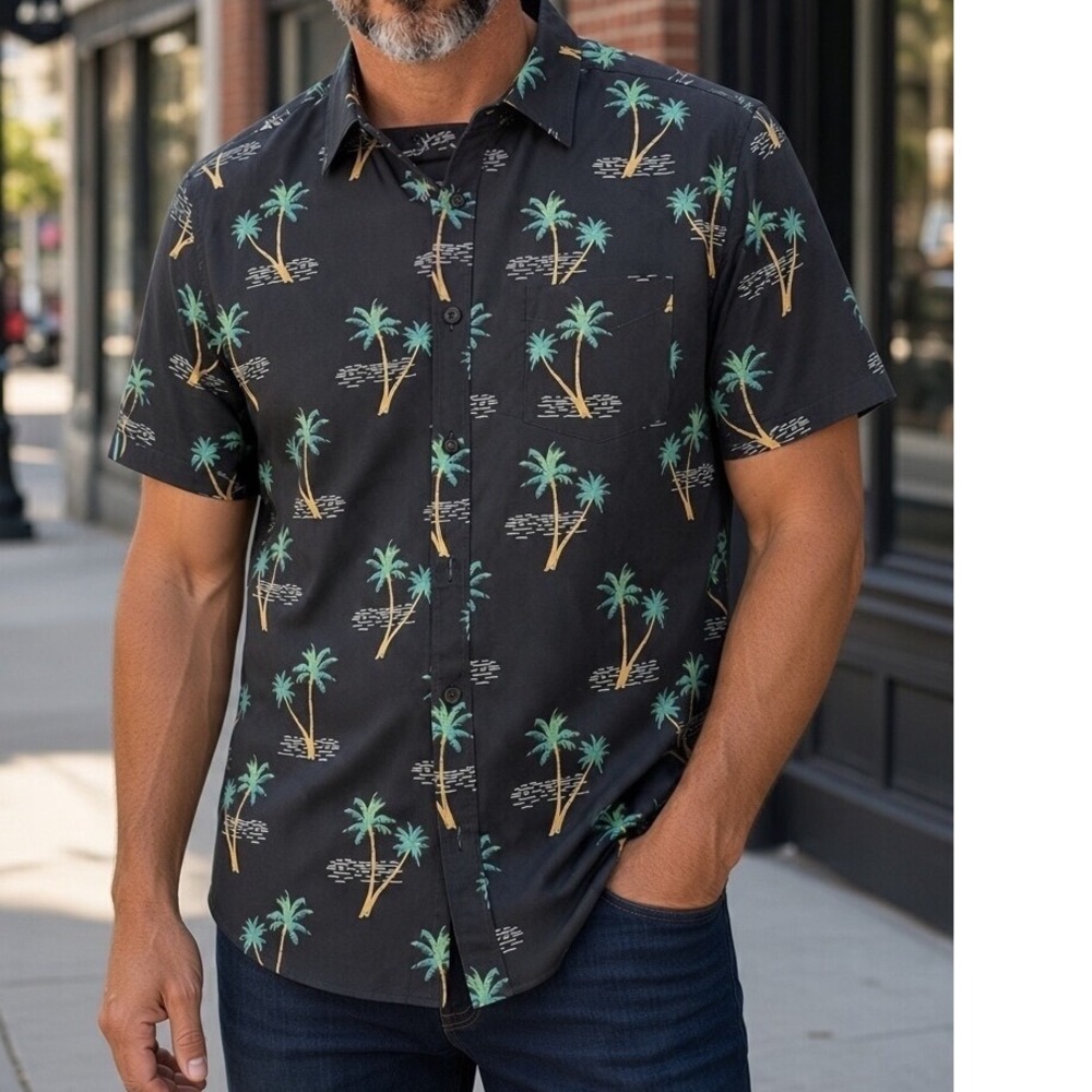Joe Marlin Mens Large Black Tropical Palm Tree Short Sleeve Button Up Shirt NWT
